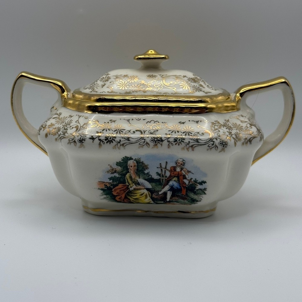 Atlas China Vintage Sugar Bowl Fragonard Courting Couple 22K Gold Filigree White